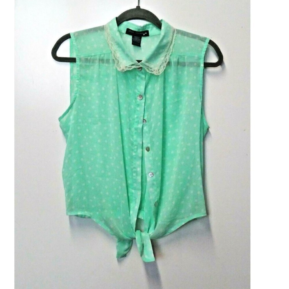 Womens Collared Sheer Top Sz L Polka Dots High Low Sleeveless Mint green LOVELY